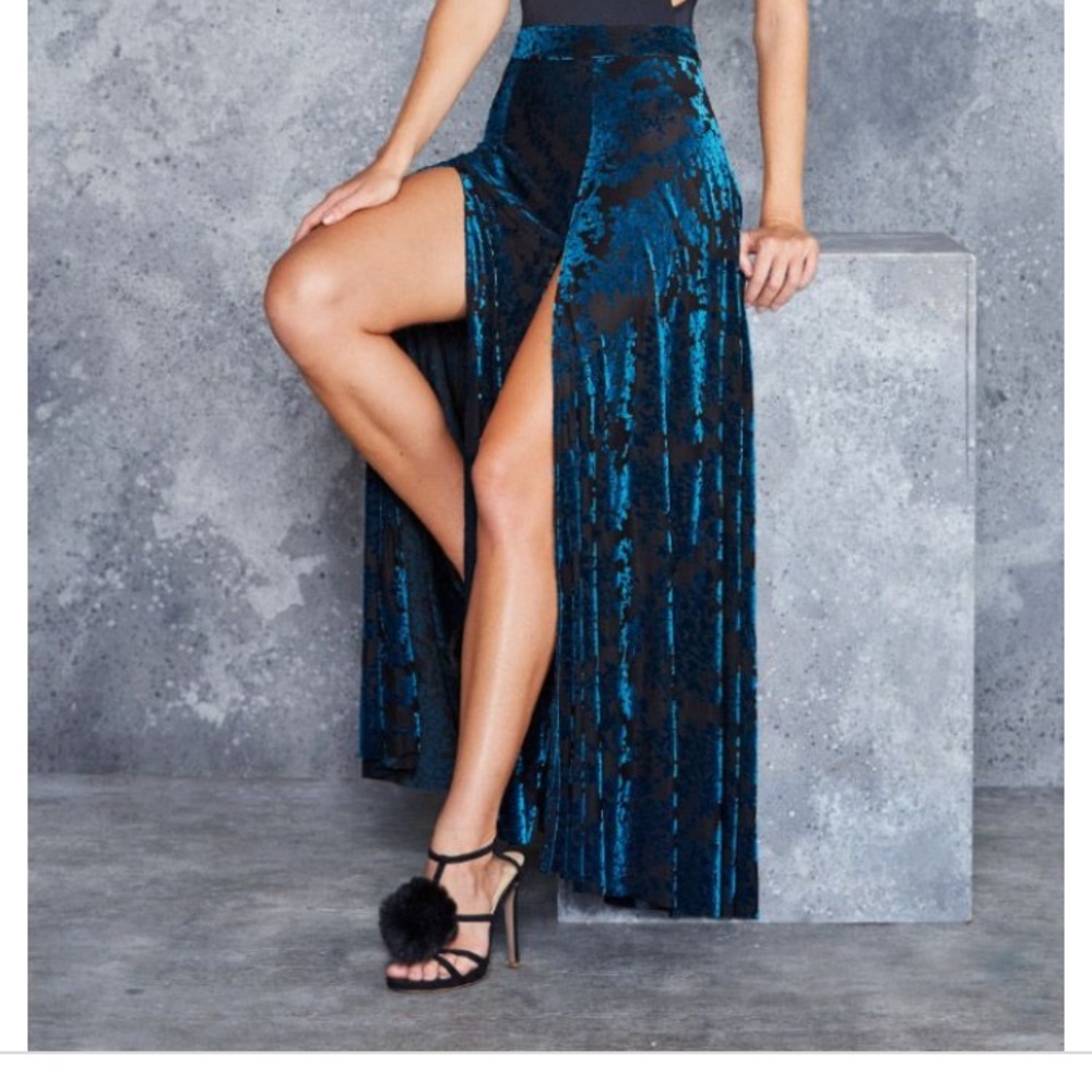 Blackmilk Burned Velvet Teal Split Maxi Skirt